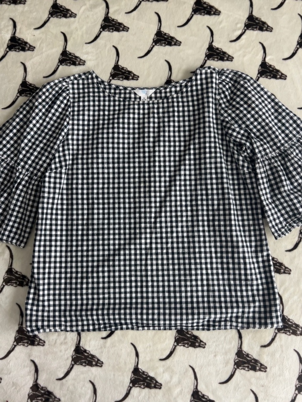 ime and Tru Black & White Gingham Bell Sleeve Top Size Medium 8–10